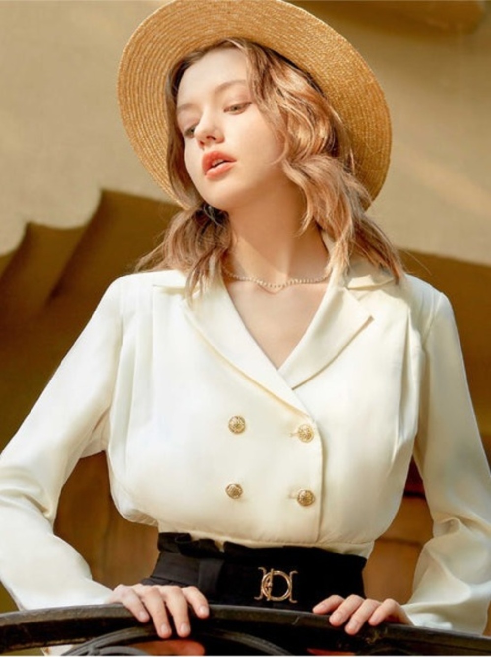 Bran New 💛 Women's Cream Double-Breasted Pleated Blazer Jacket